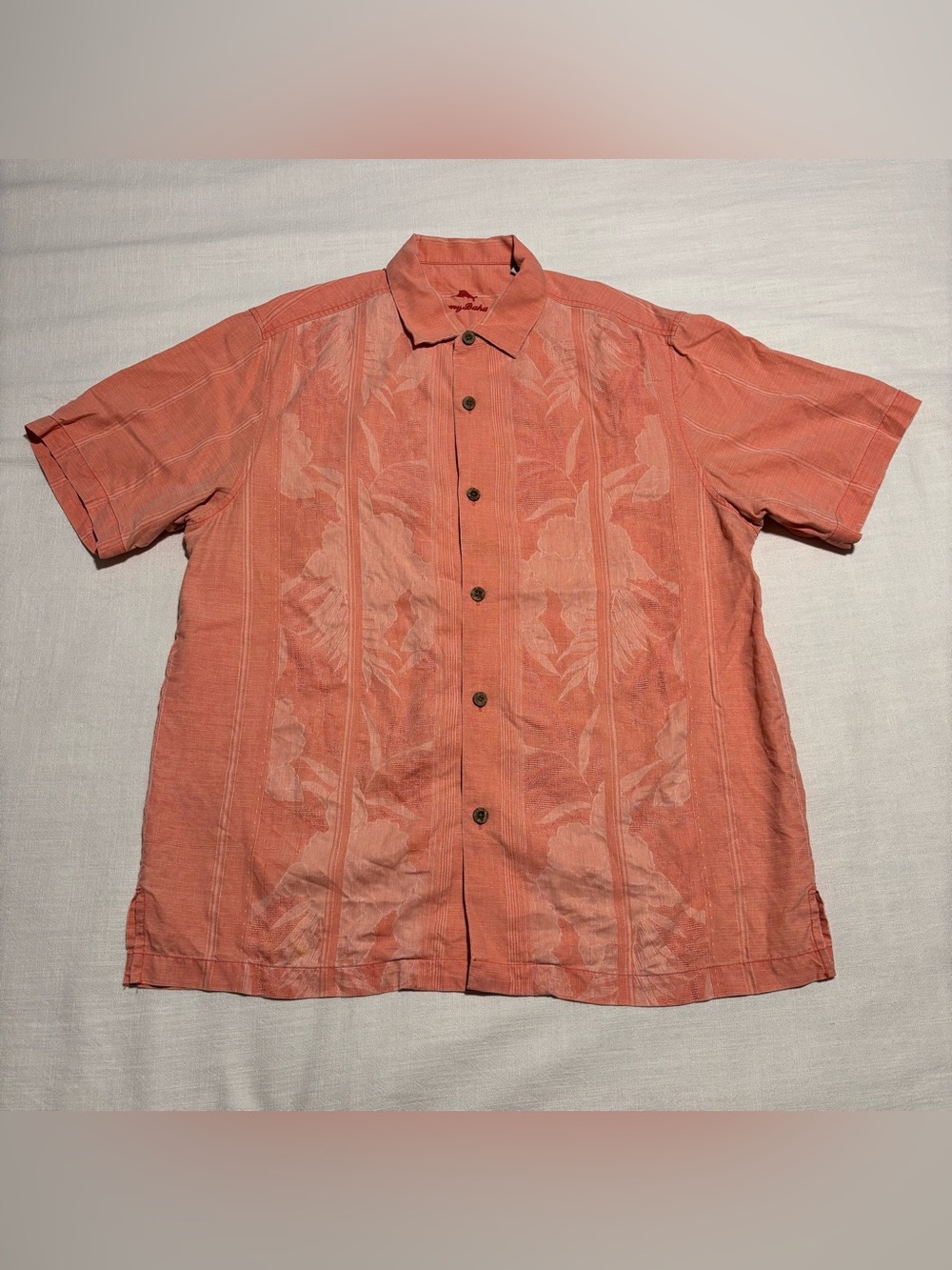 Men’s Tommy Bahama Silk Short Sleeve Floral Button Down Shirt | Salmon | Large